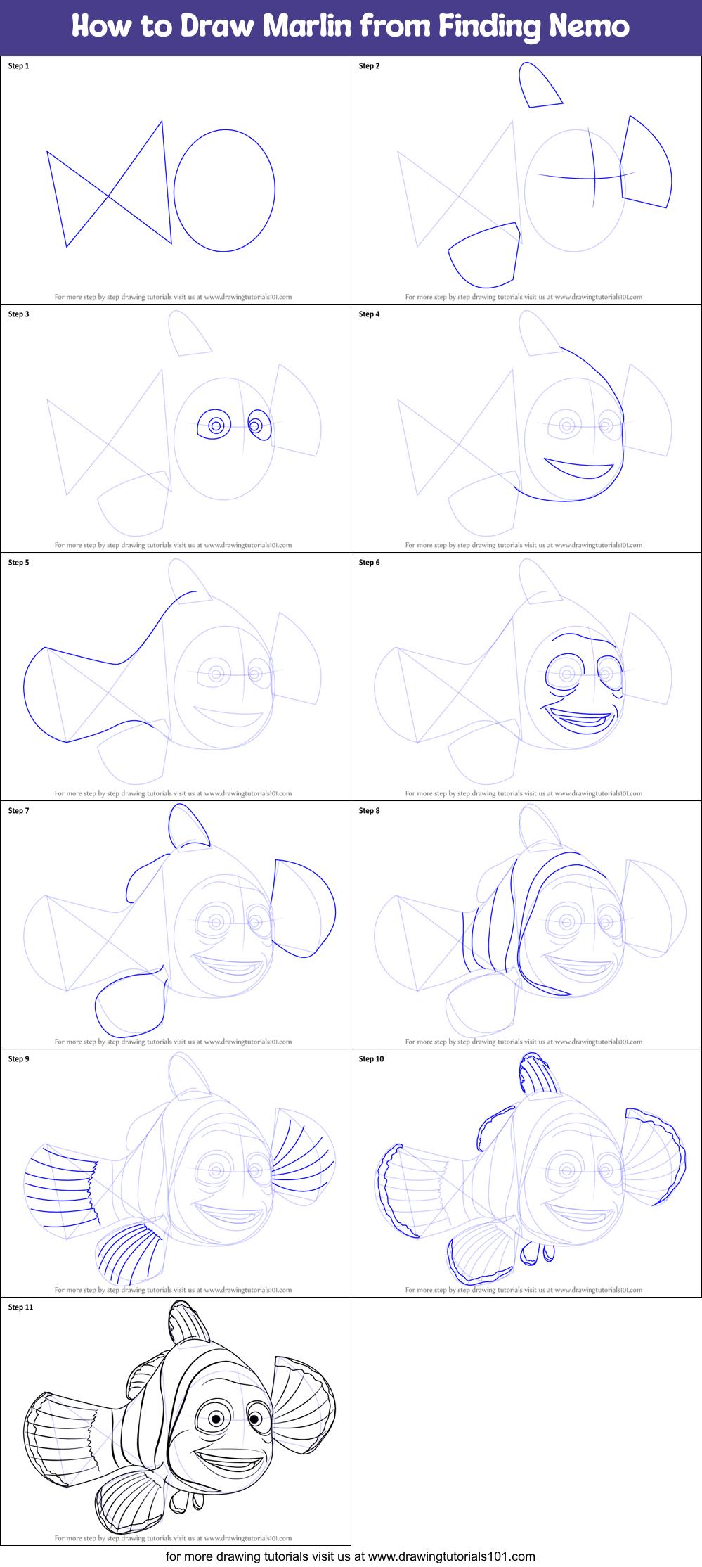 How to Draw Marlin from Finding Nemo printable step by step drawing