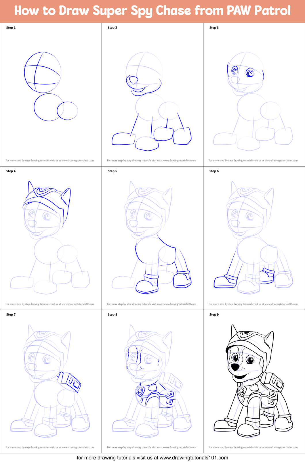 How to Draw Super Spy Chase from PAW Patrol printable step by step