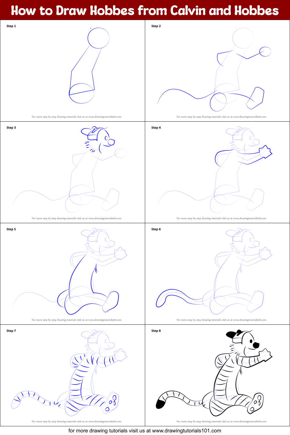 How to Draw Hobbes from Calvin and Hobbes printable step by step