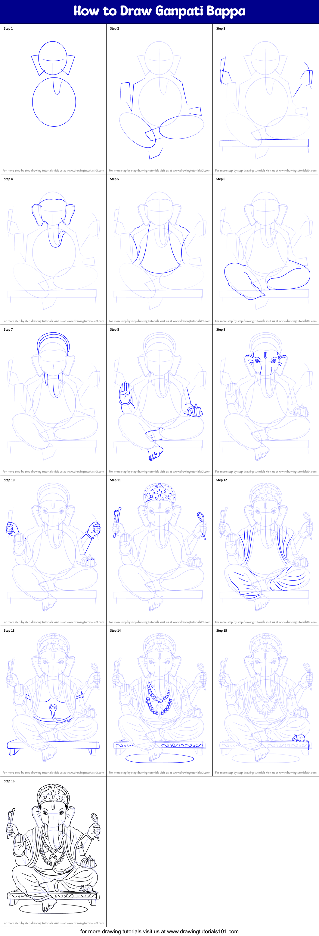 How to Draw Ganpati Bappa printable step by step drawing sheet