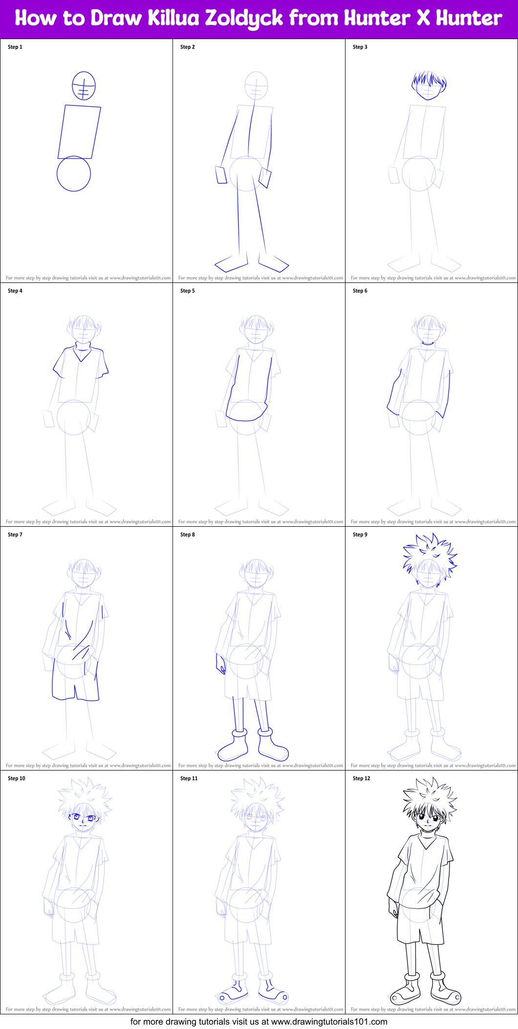 How To Draw Killua Zoldyck From Hunter X Hunter Printable Step By Step Drawing Sheet Drawingtutorials101 Com