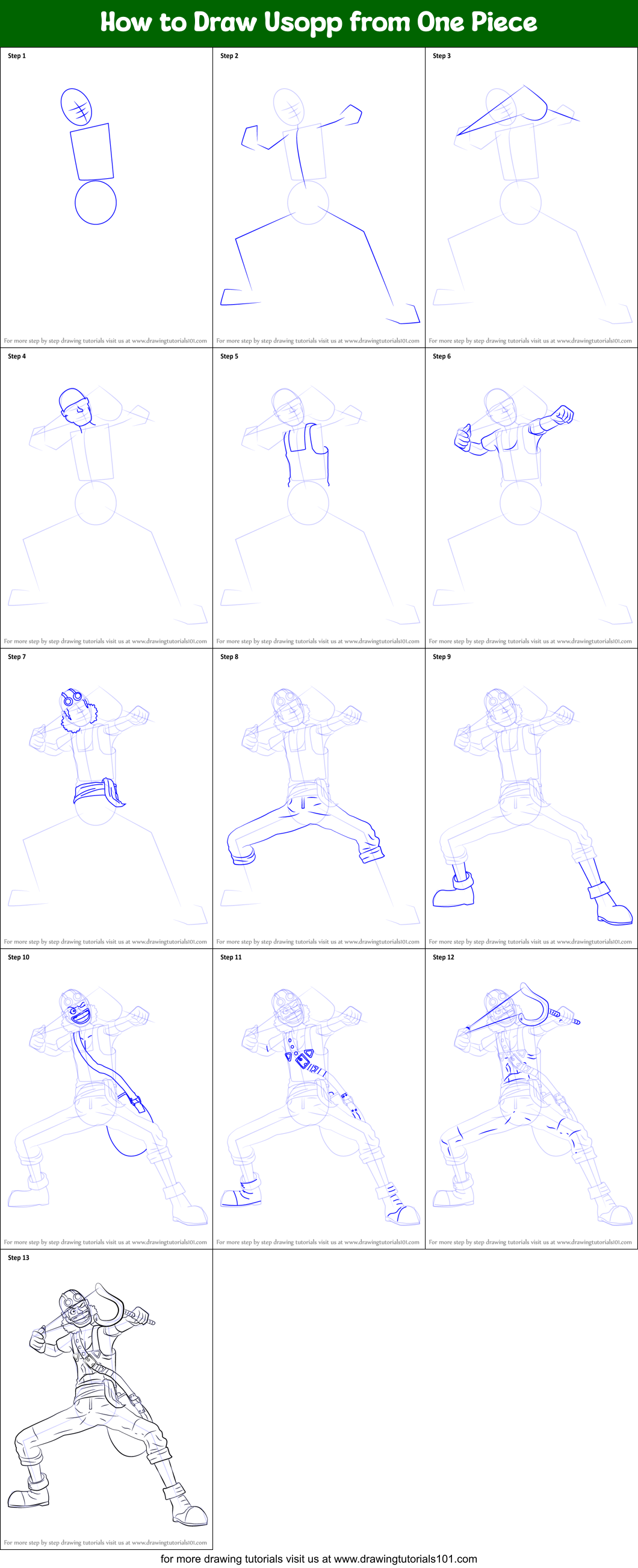 How To Draw Usopp From One Piece Printable Step By Step Drawing Sheet Drawingtutorials101 Com