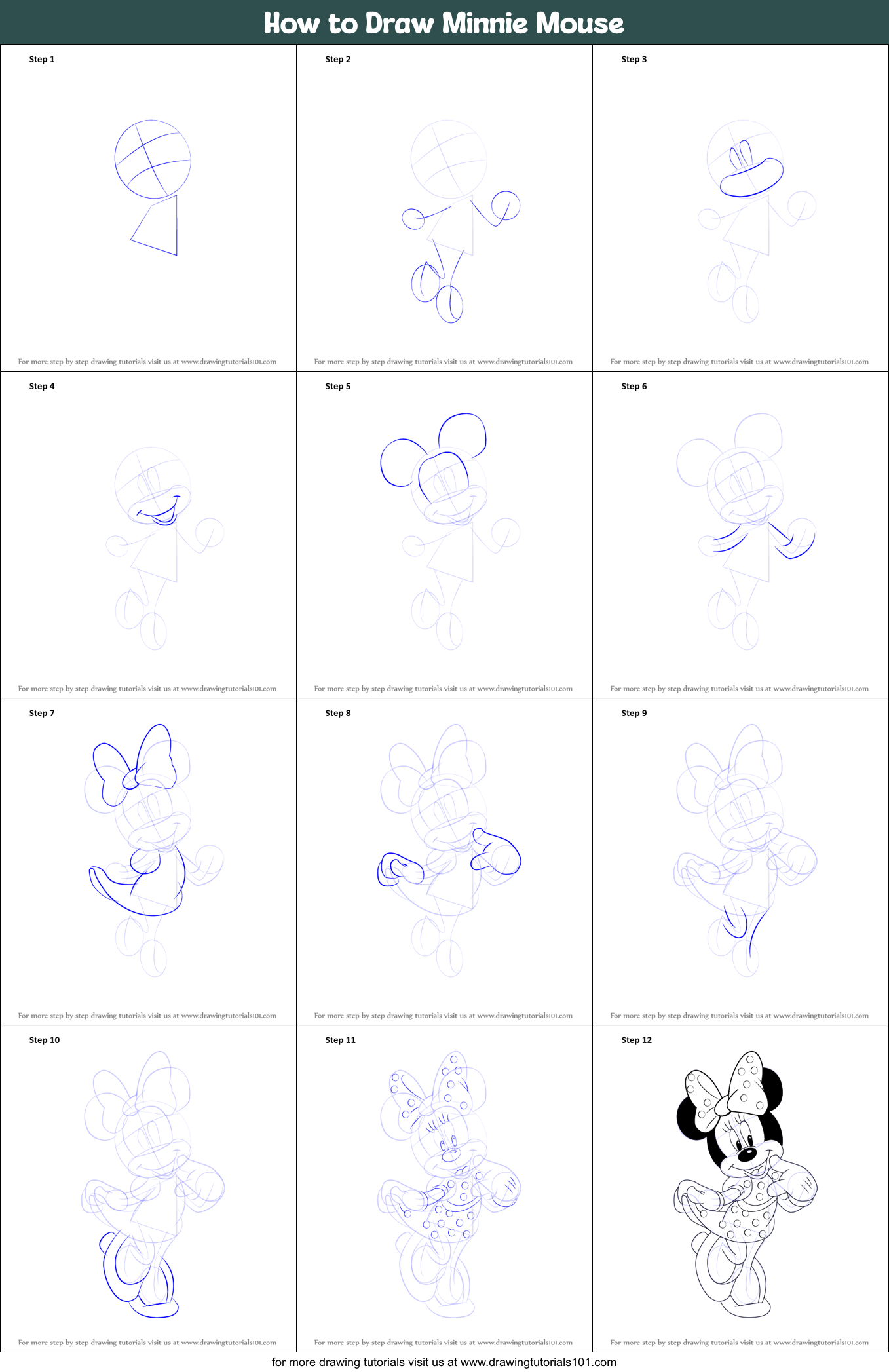 step by step drawing minnie mouse