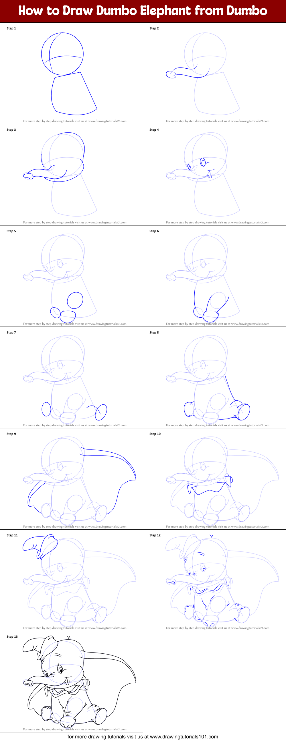 how to draw dumbo step by step