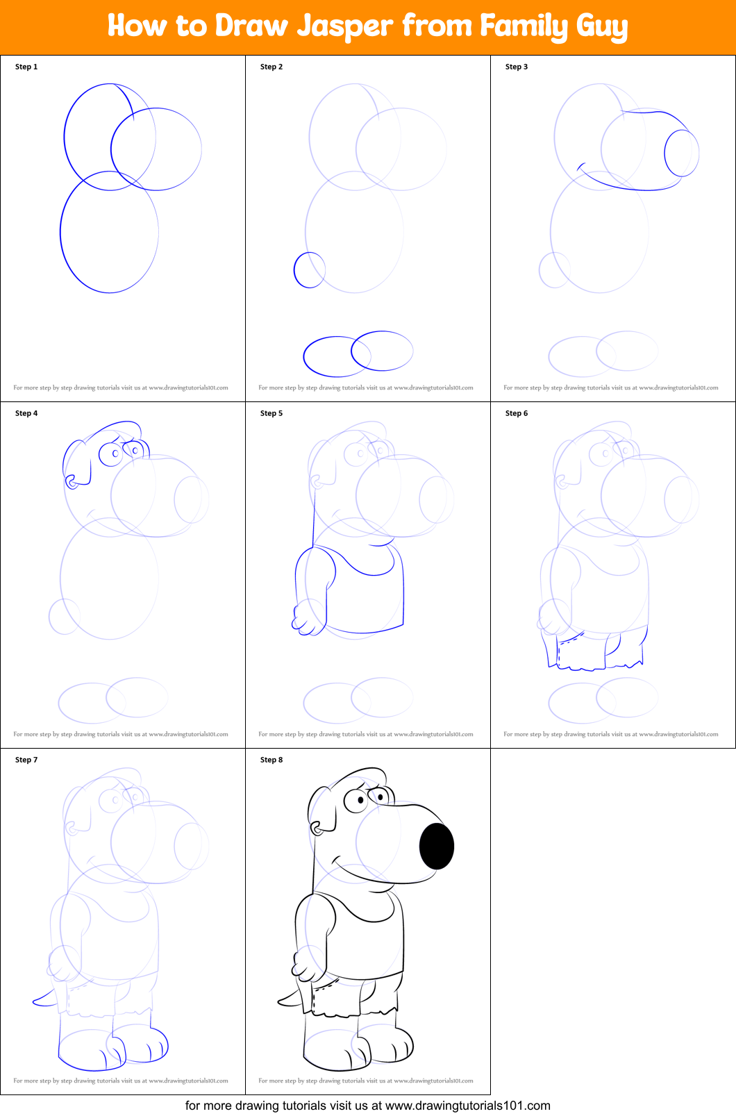 How to Draw Jasper from Family Guy printable step by step drawing sheet :  