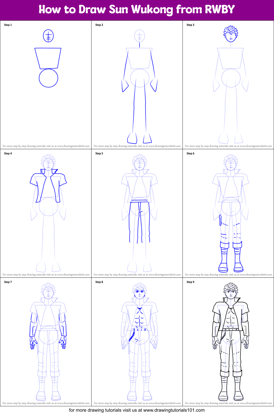 How To Draw Sun Wukong From Rwby Printable Step By Step Drawing Sheet Drawingtutorials101 Com