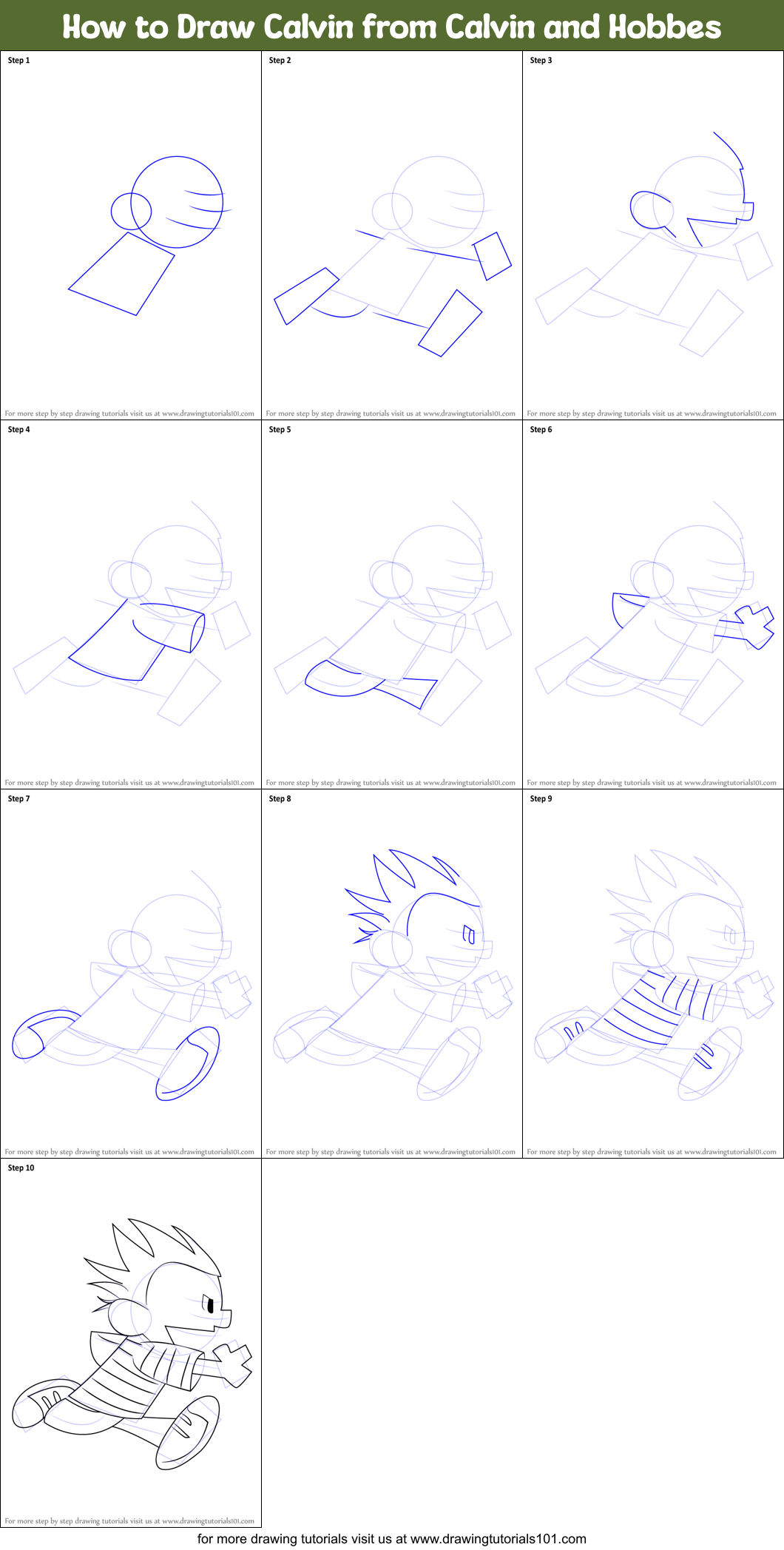 how to draw calvin from calvin and hobbes step by step