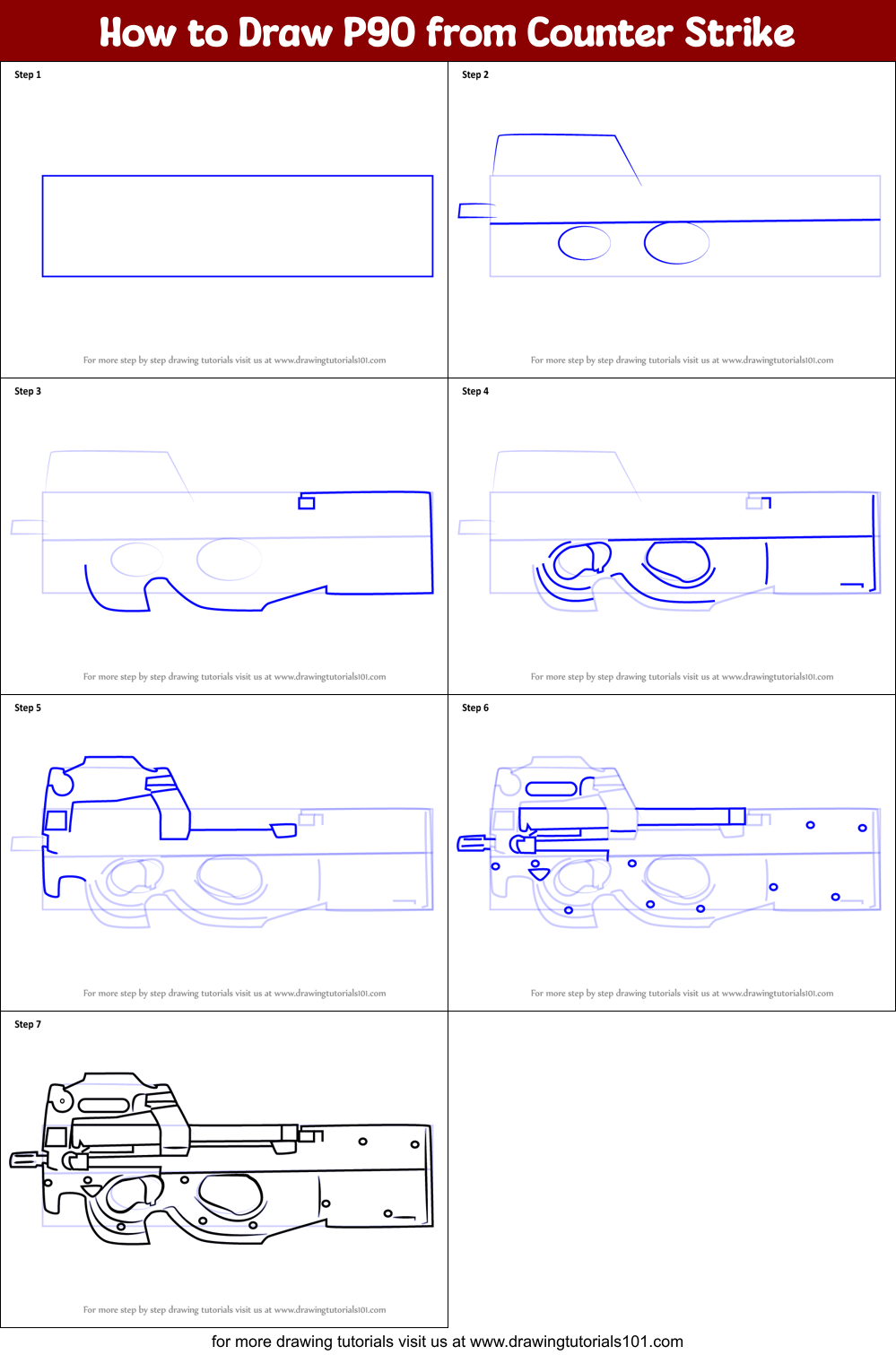 How To Draw P90 From Counter Strike Printable Step By Step Drawing Sheet Drawingtutorials101 Com