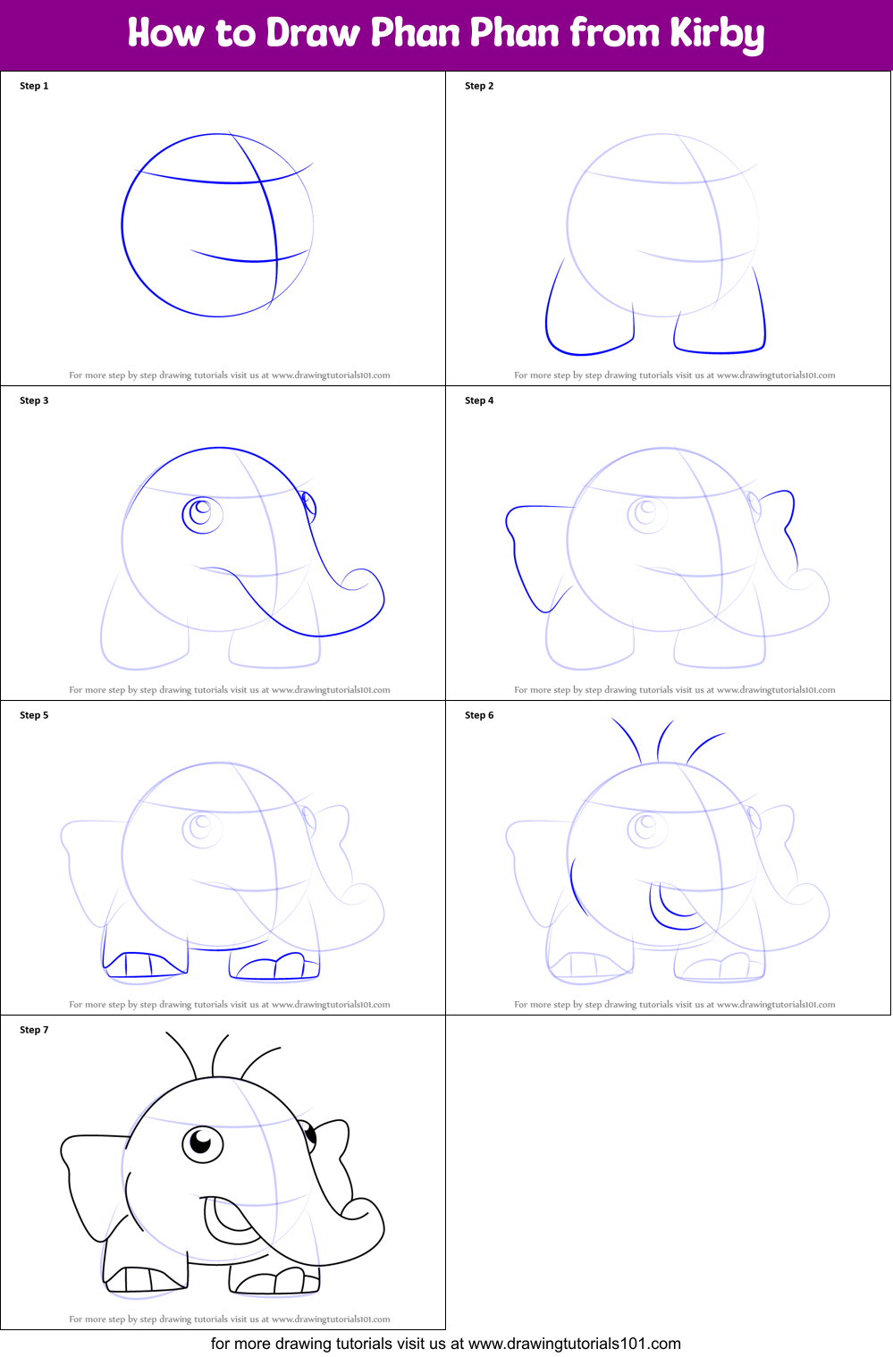 How to Draw Phan Phan from Kirby printable step by step drawing sheet :  