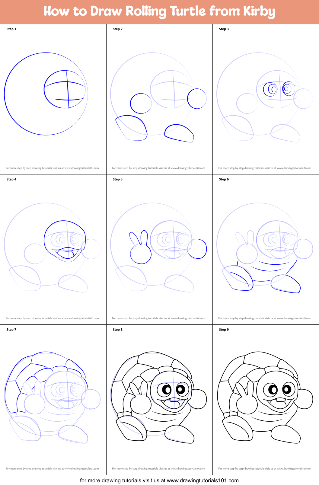 How to Draw Rolling Turtle from Kirby printable step by step drawing sheet  : 