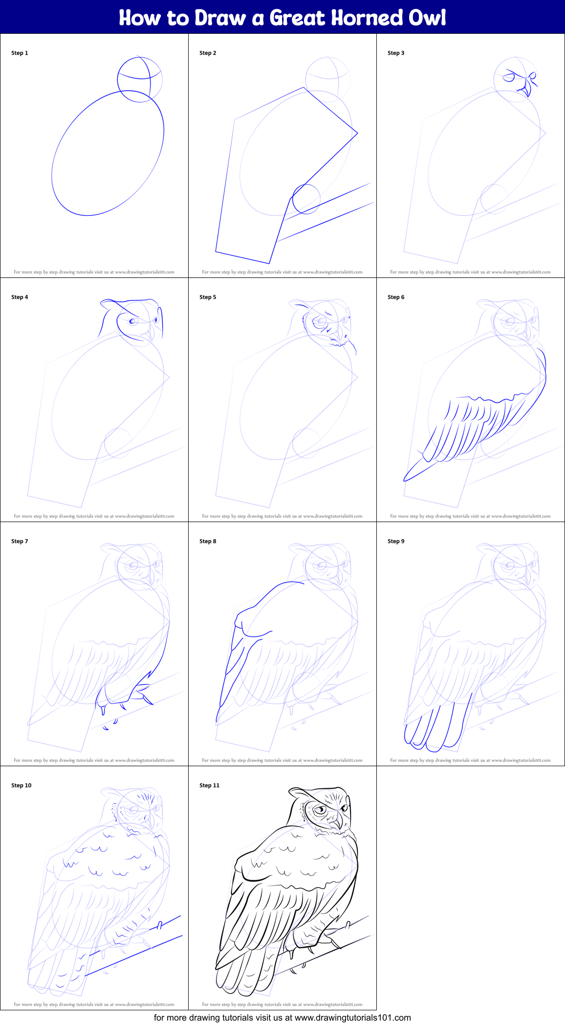 How to Draw a Great Horned Owl printable step by step drawing sheet