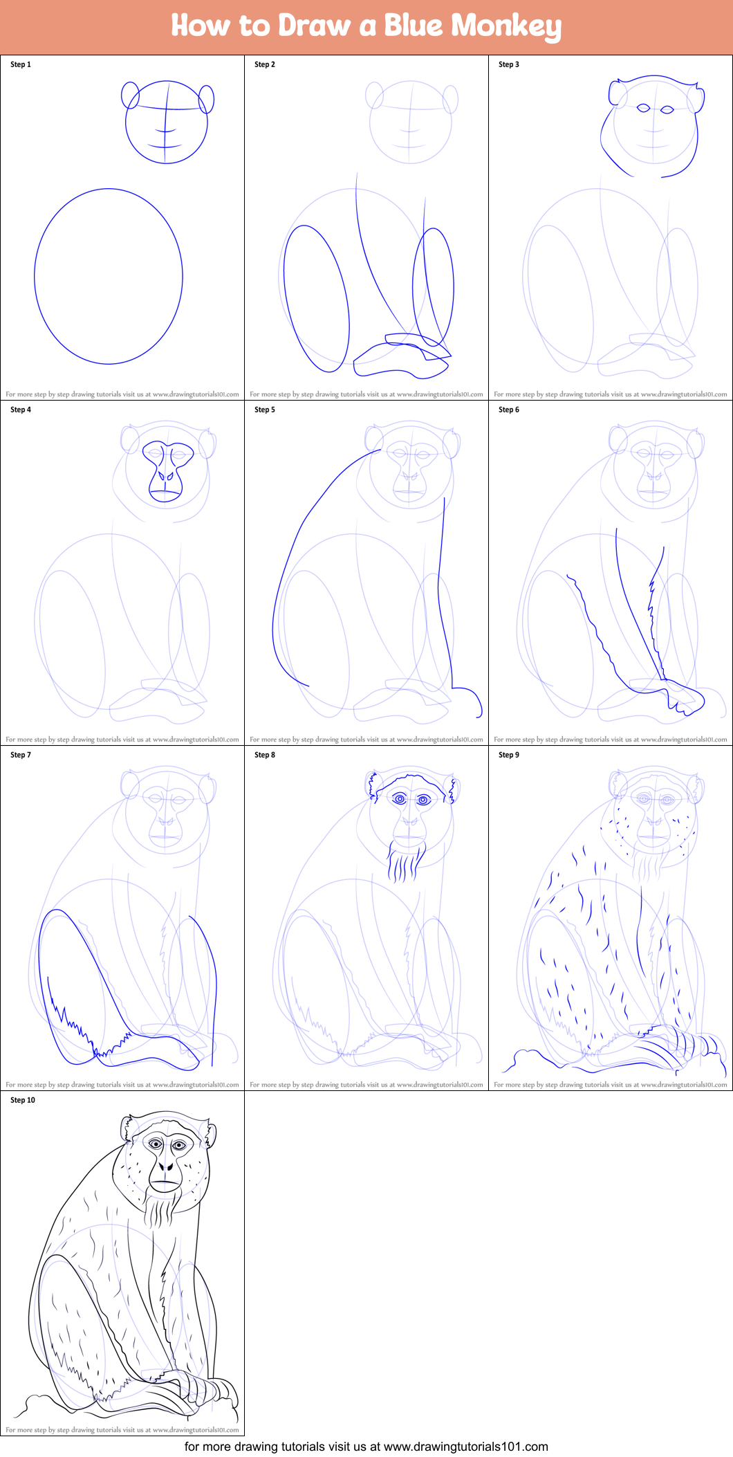 Download How to Draw a Blue Monkey printable step by step drawing sheet : DrawingTutorials101.com