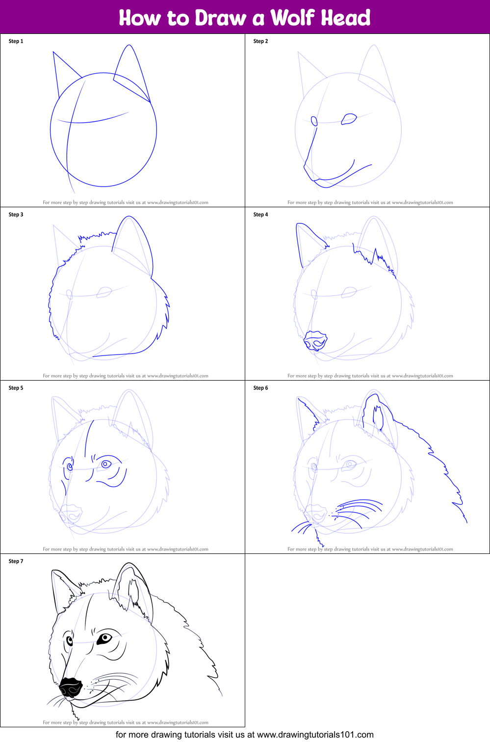 How to Draw a Wolf Head printable step by step drawing