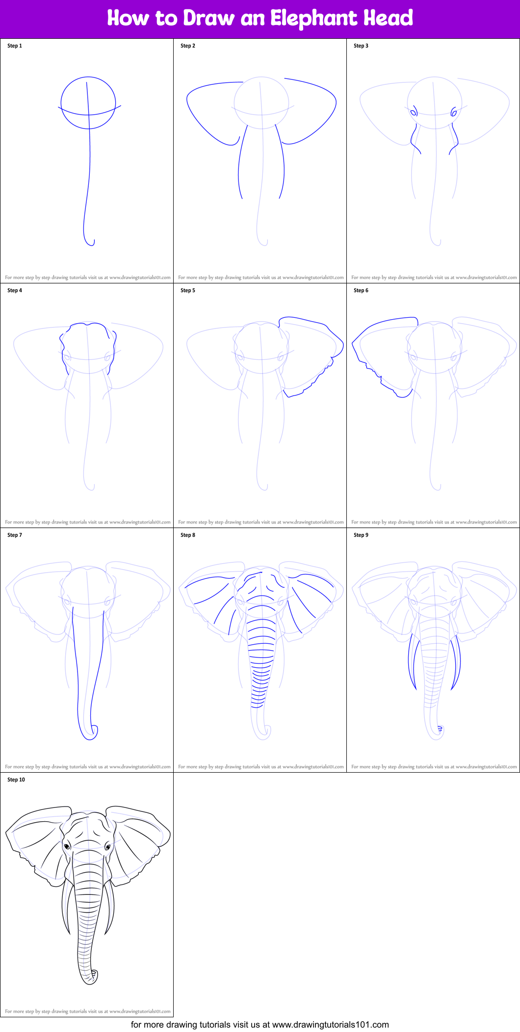 How to Draw an Elephant Head printable step by step