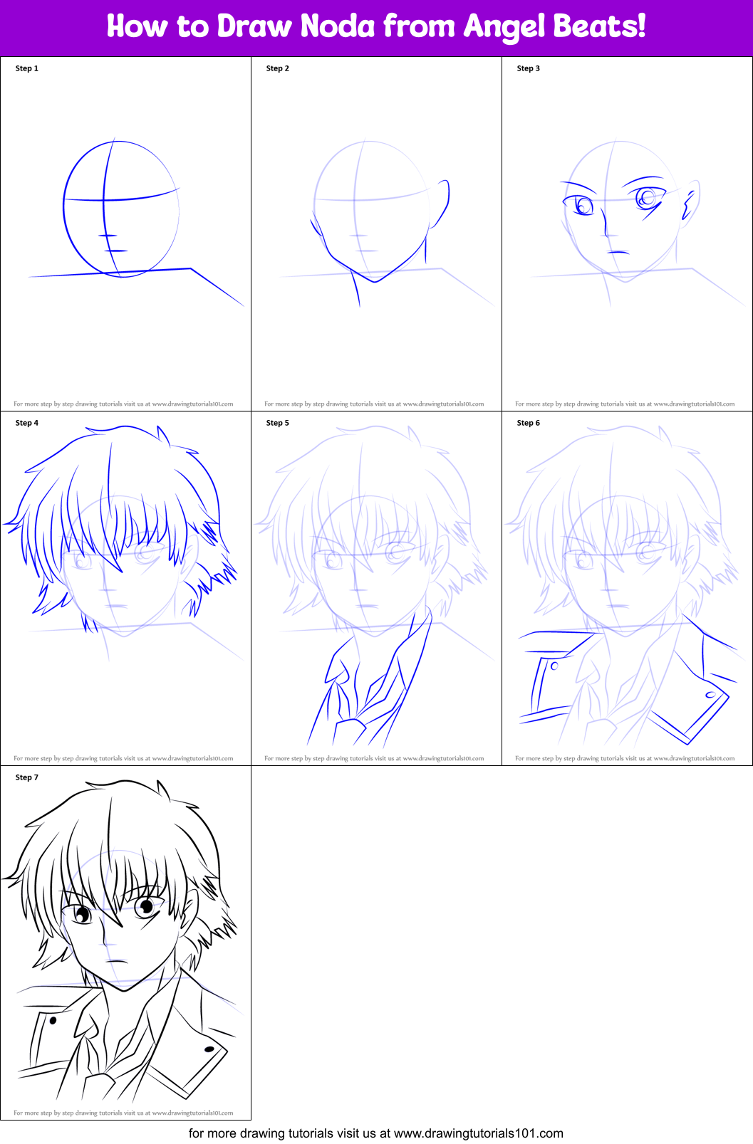 How to Draw Noda from Angel Beats! printable step by step drawing sheet ...