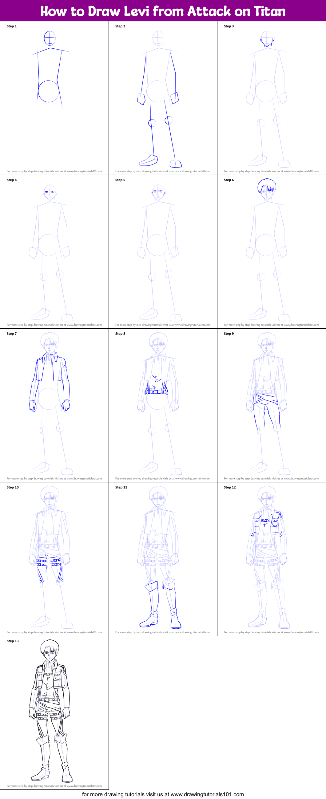 How to Draw Levi from Attack on Titan printable step by step drawing