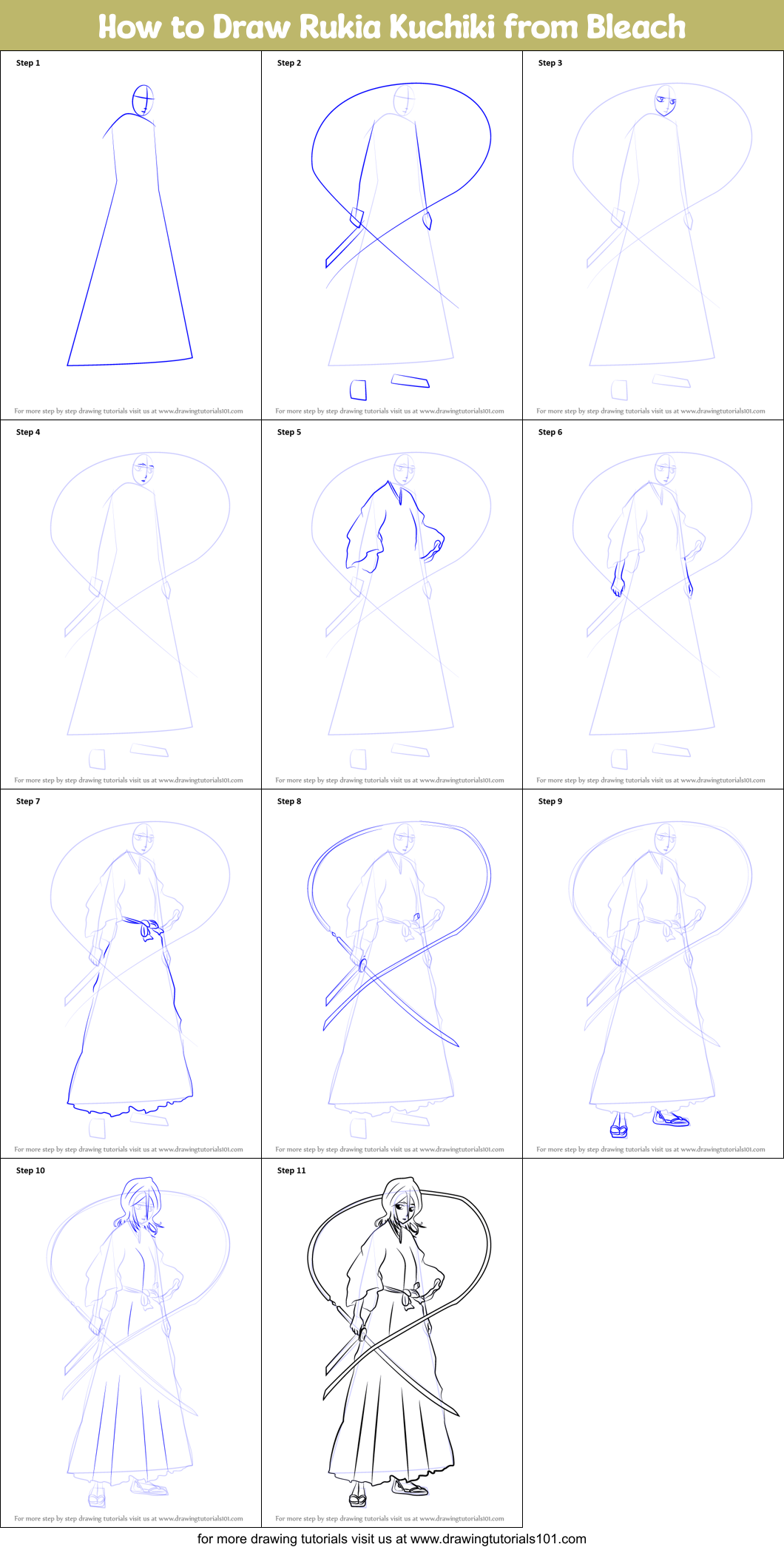 Download How to Draw Rukia Kuchiki from Bleach printable step by step drawing sheet : DrawingTutorials101.com