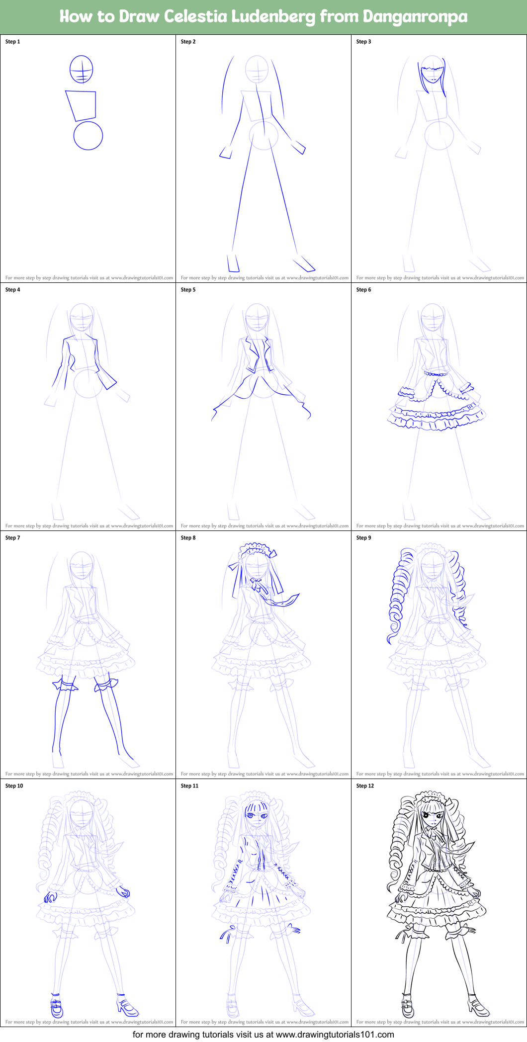 How to Draw Celestia Ludenberg from Danganronpa printable step by step