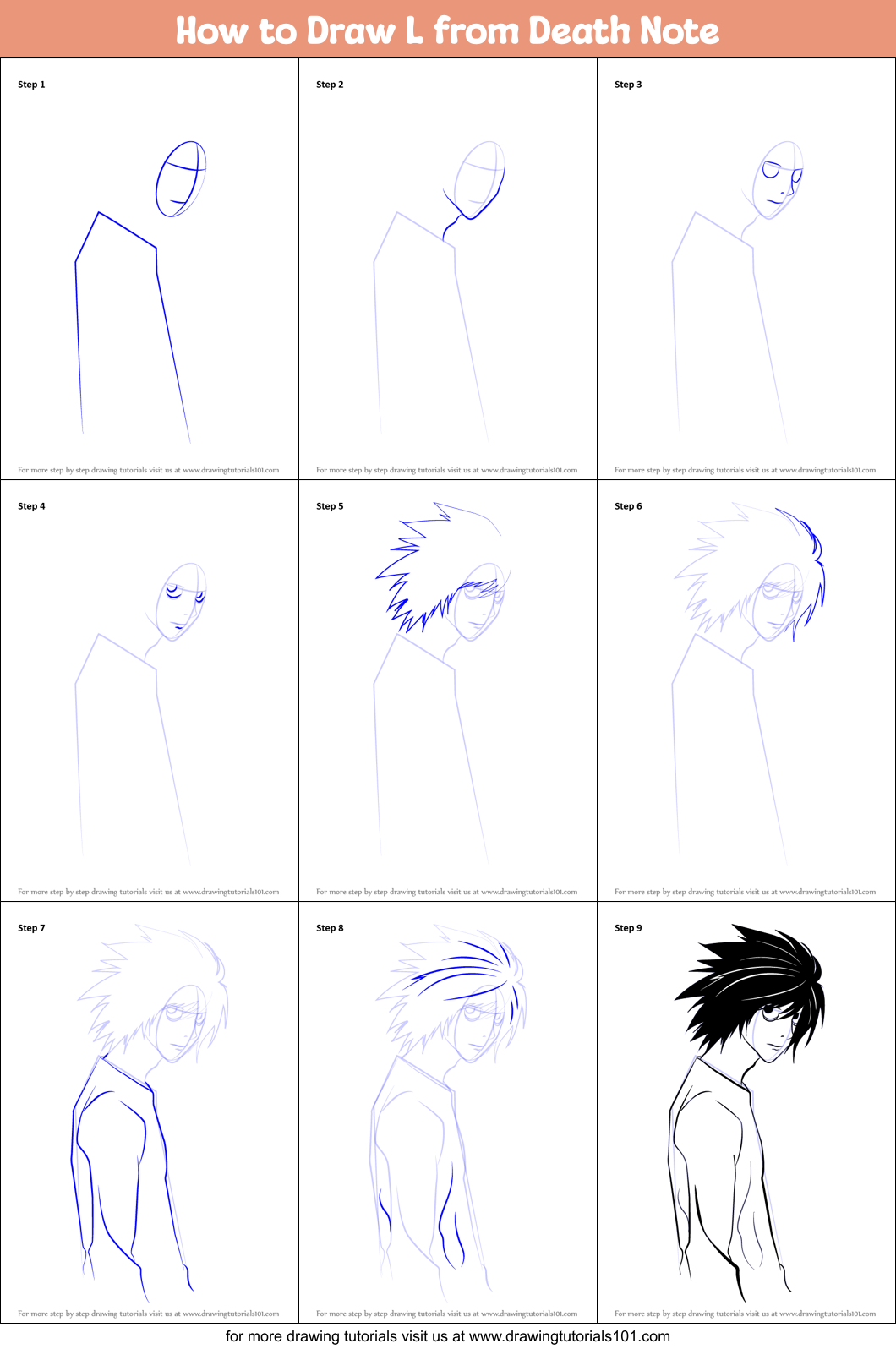 How to Draw L from Death Note printable step by step drawing sheet