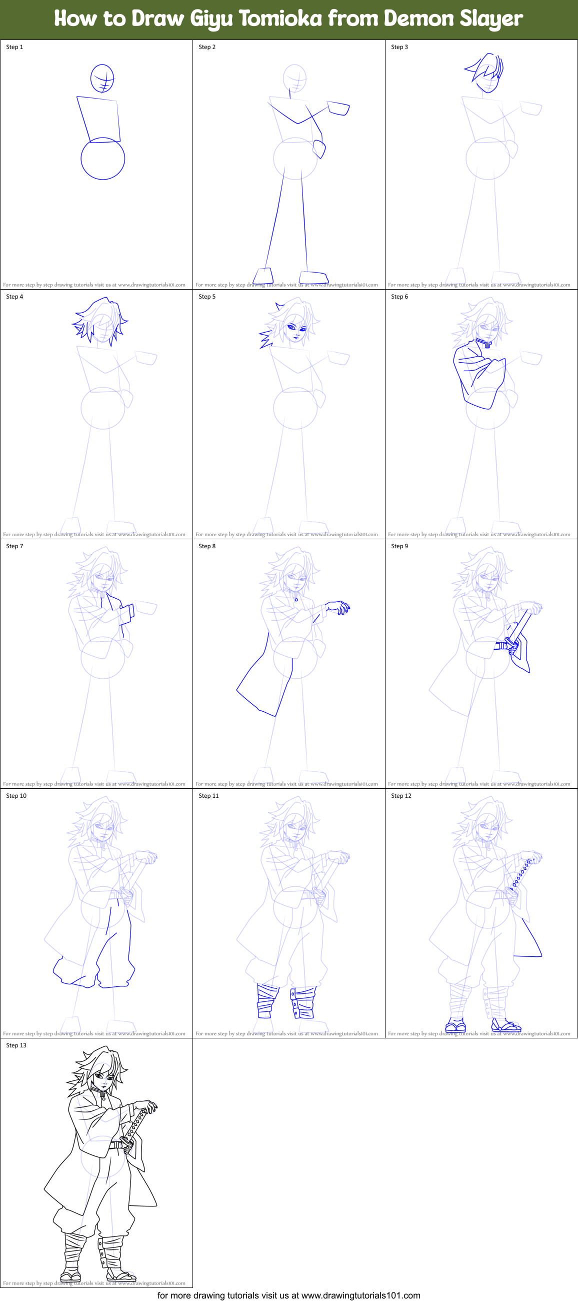 How to Draw Giyu Tomioka from Demon Slayer printable step 