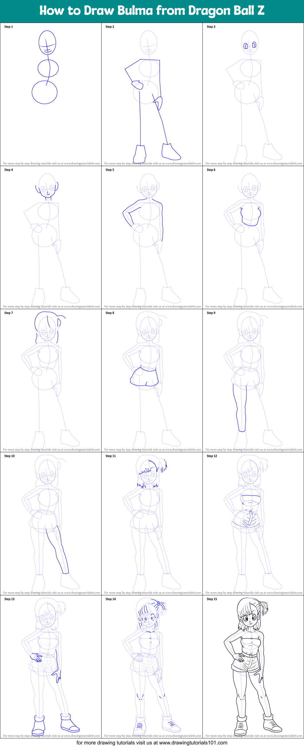 How to Draw Bulma from Dragon Ball Z printable step by