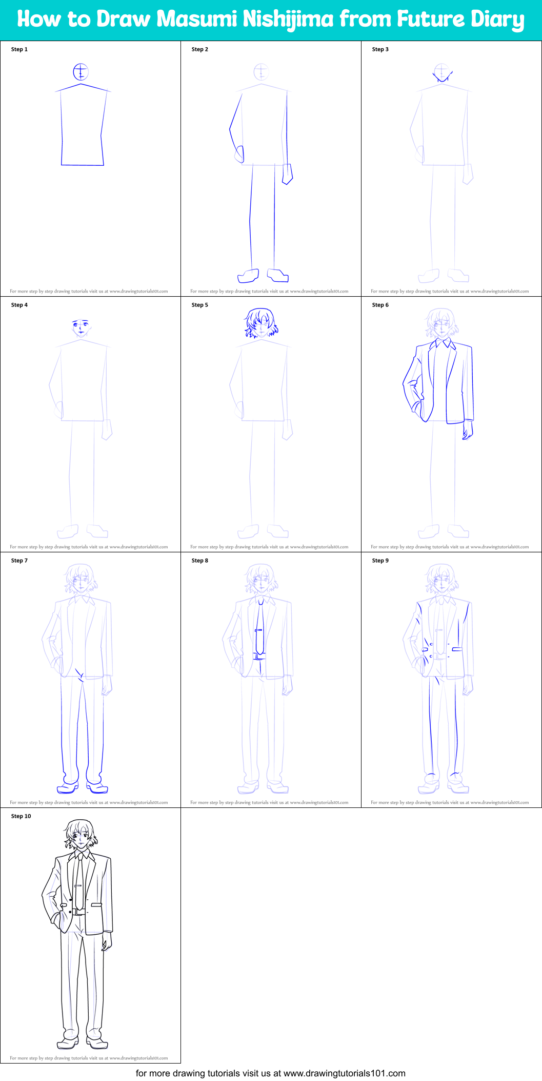 how to draw masumi nishijima from future diary printable step by step drawing sheet drawingtutorials101 com how to draw masumi nishijima from