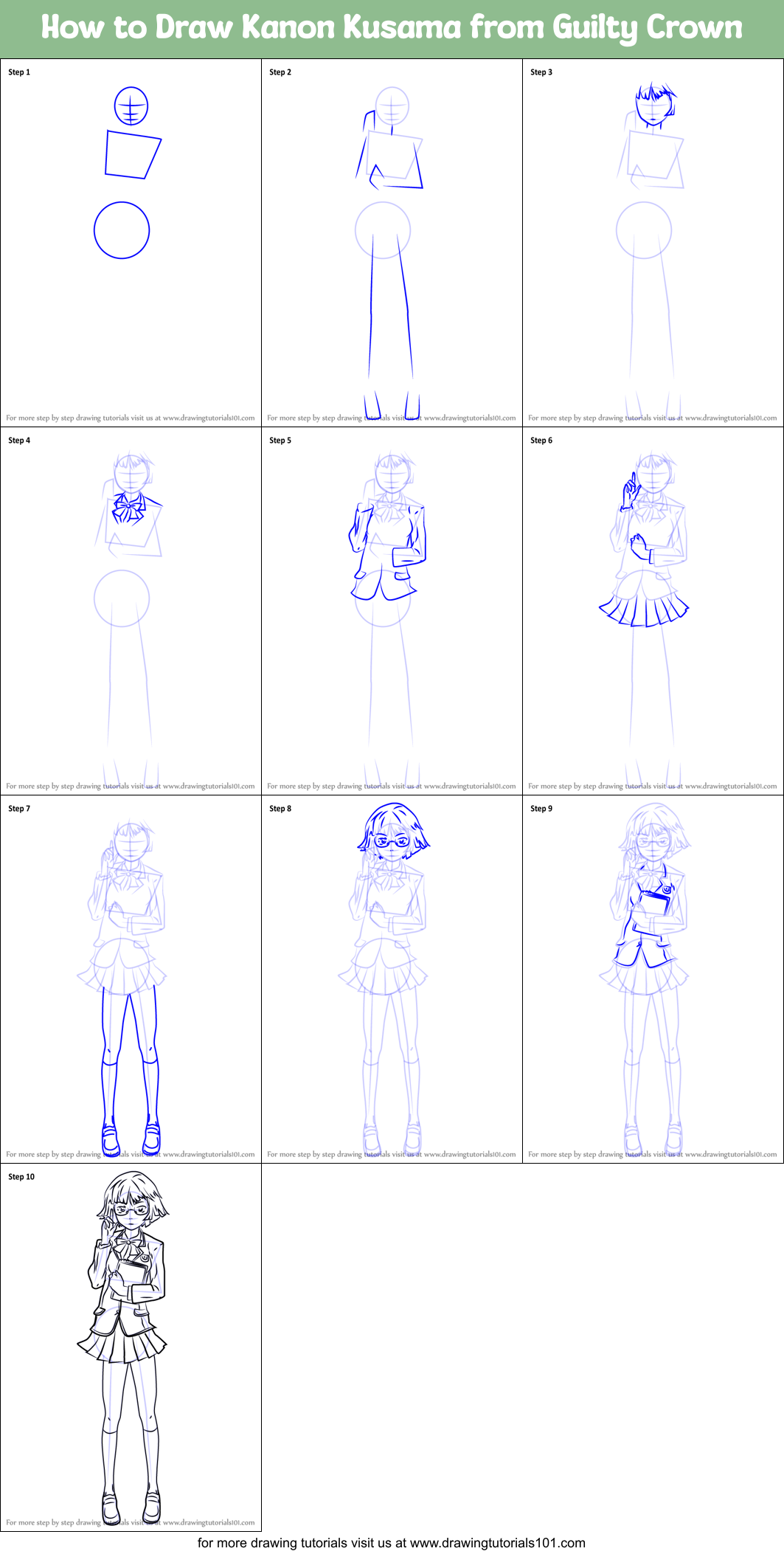 How to Draw Kanon Kusama from Guilty Crown printable step by step ...