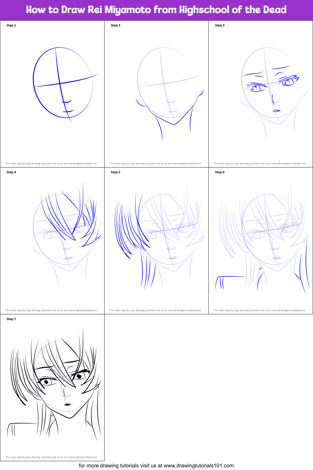 How to Draw Rei Miyamoto from Highschool of the Dead printable step by ...