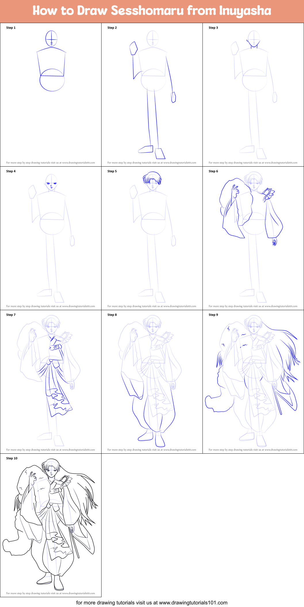 How to Draw Sesshomaru from Inuyasha printable step by step drawing