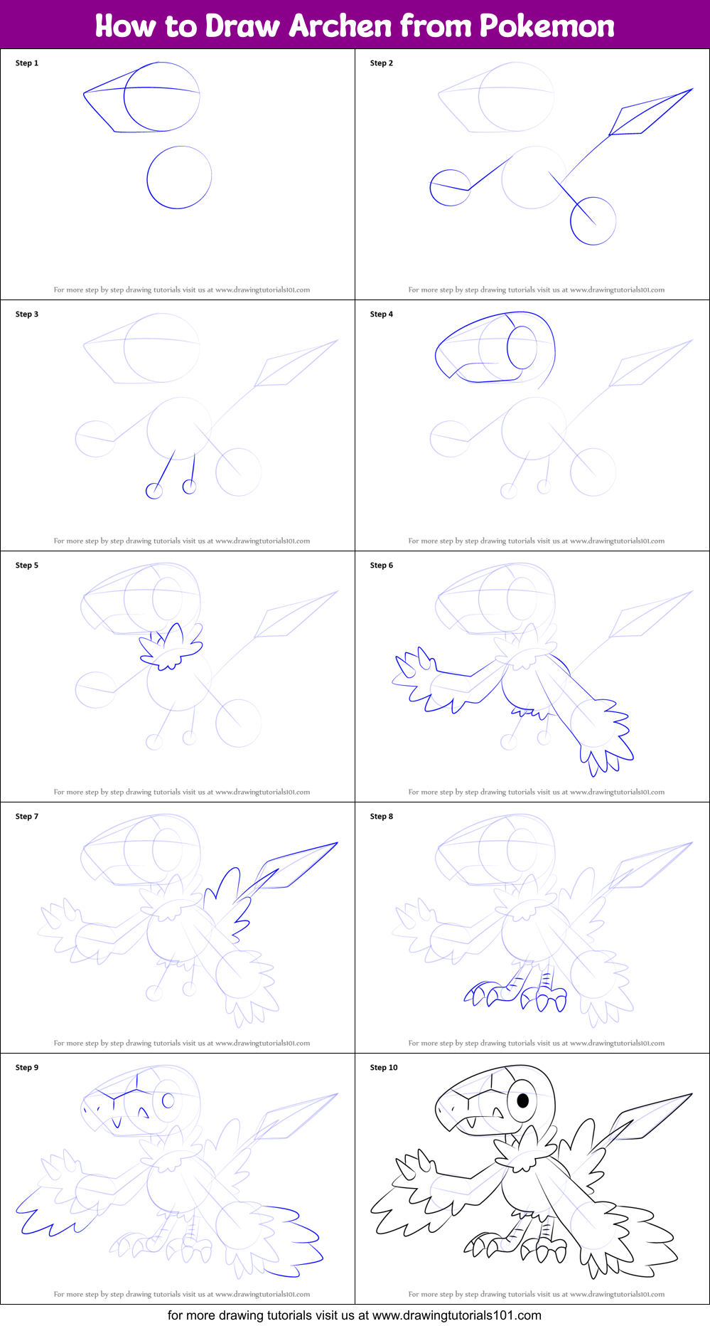 How to Draw Archen from Pokemon printable step by step drawing sheet