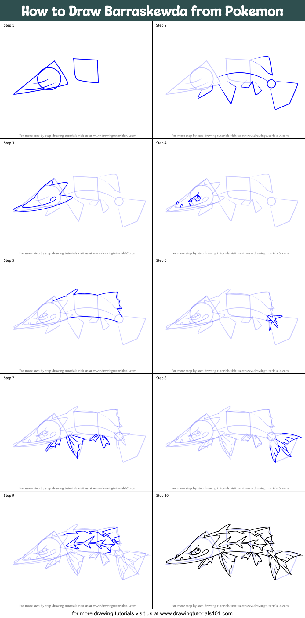 How to Draw Barraskewda from Pokemon printable step by step drawing