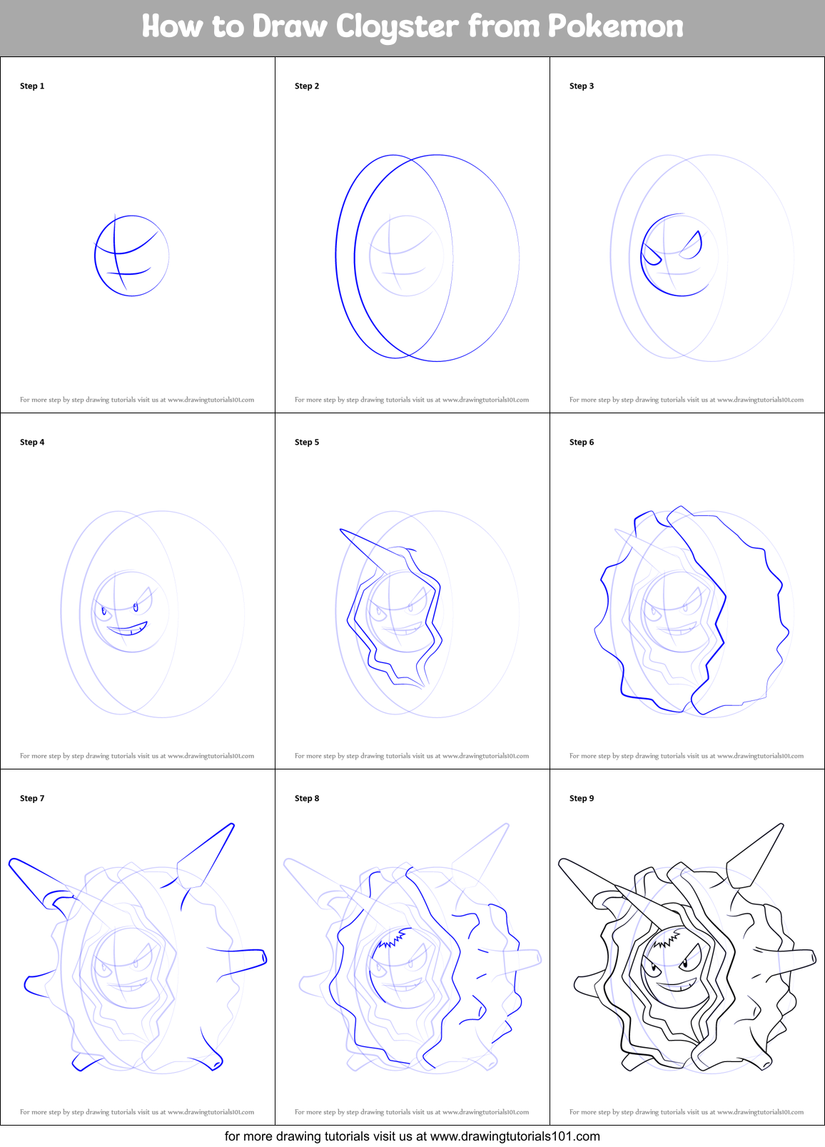 Download How to Draw Cloyster from Pokemon printable step by step drawing sheet : DrawingTutorials101.com