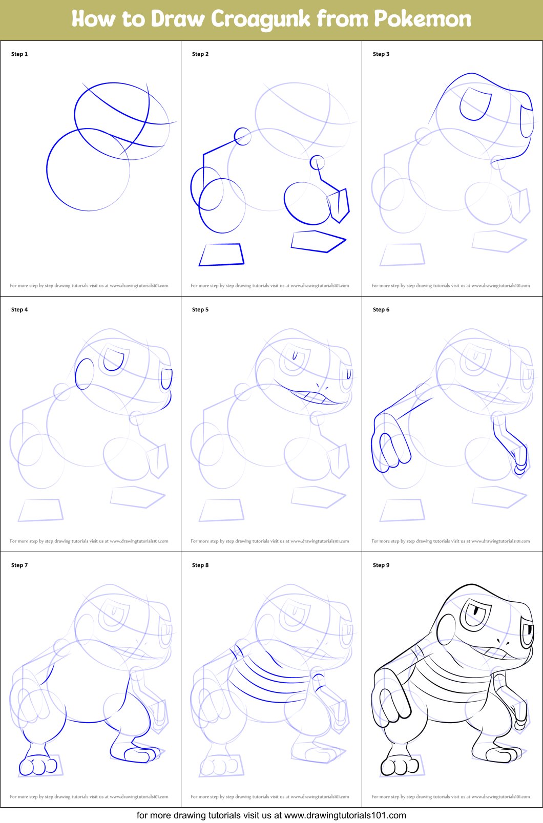 How to Draw Croagunk from Pokemon printable step by step drawing sheet