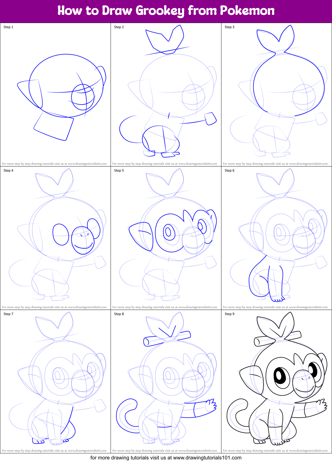 How to Draw Grookey from Pokemon printable step by step drawing sheet