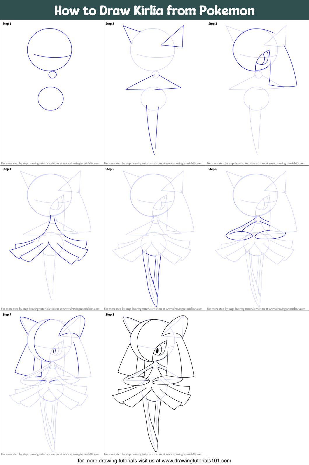 How to Draw Kirlia from Pokemon printable step by step drawing sheet