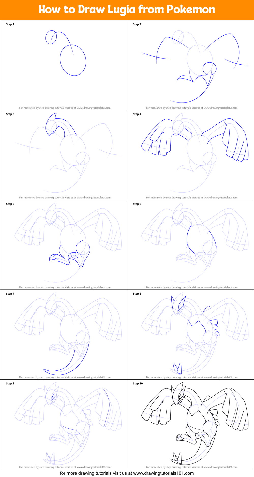 How to Draw Lugia from Pokemon printable step by step drawing sheet