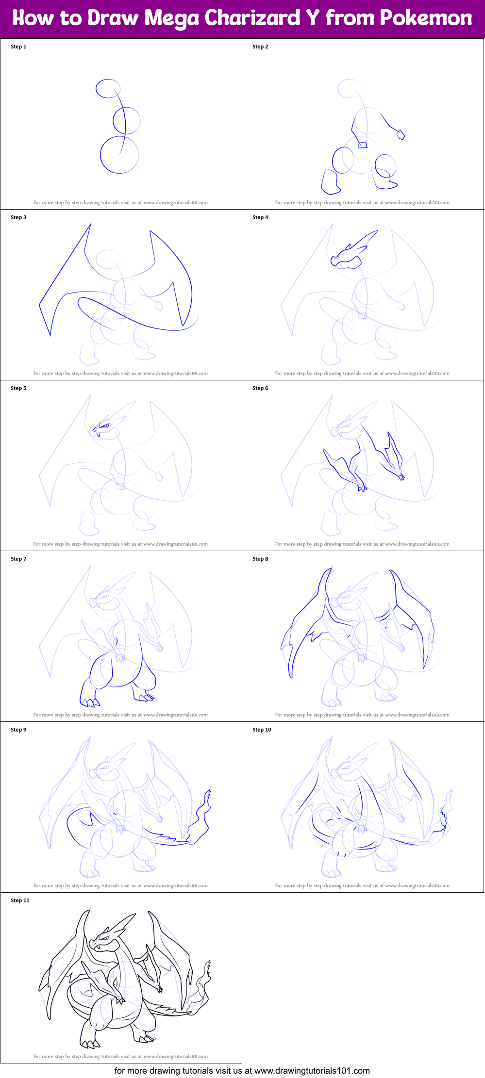 How to Draw Mega Charizard Y from Pokemon printable step by step