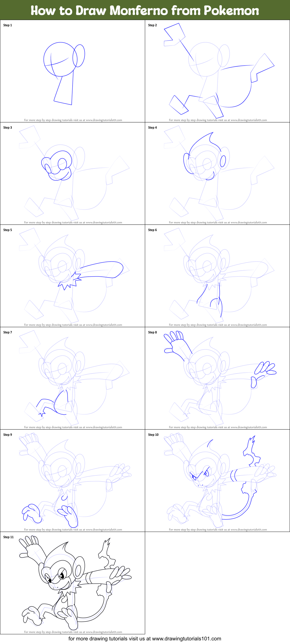 How to Draw Monferno from Pokemon printable step by step drawing sheet