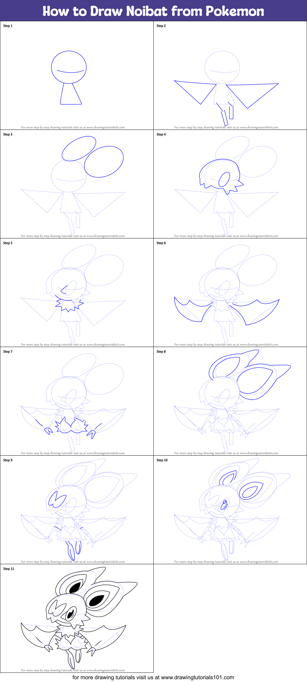 How to Draw Noibat from Pokemon printable step by step drawing sheet