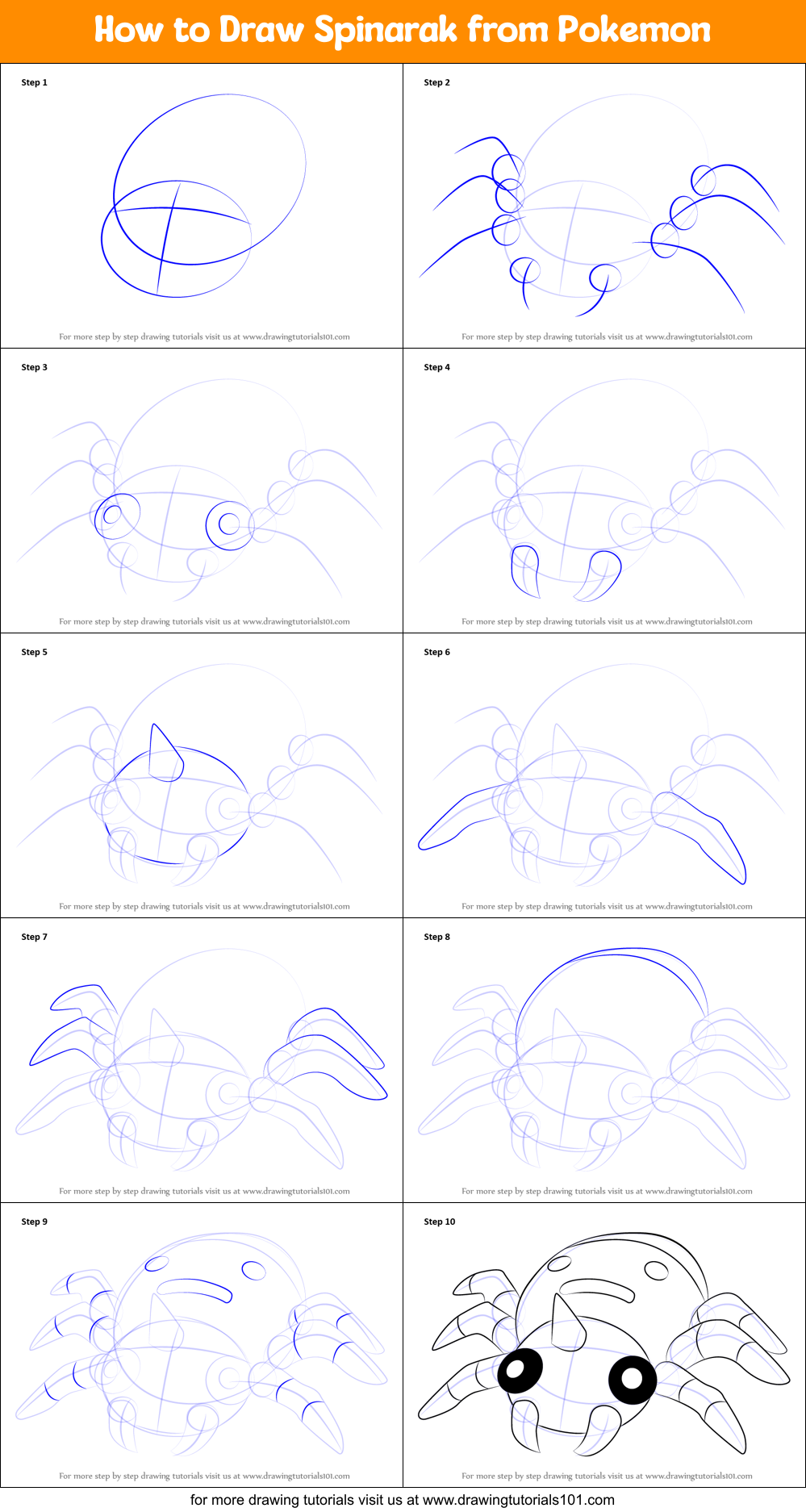 How to Draw Spinarak from Pokemon printable step by step drawing sheet