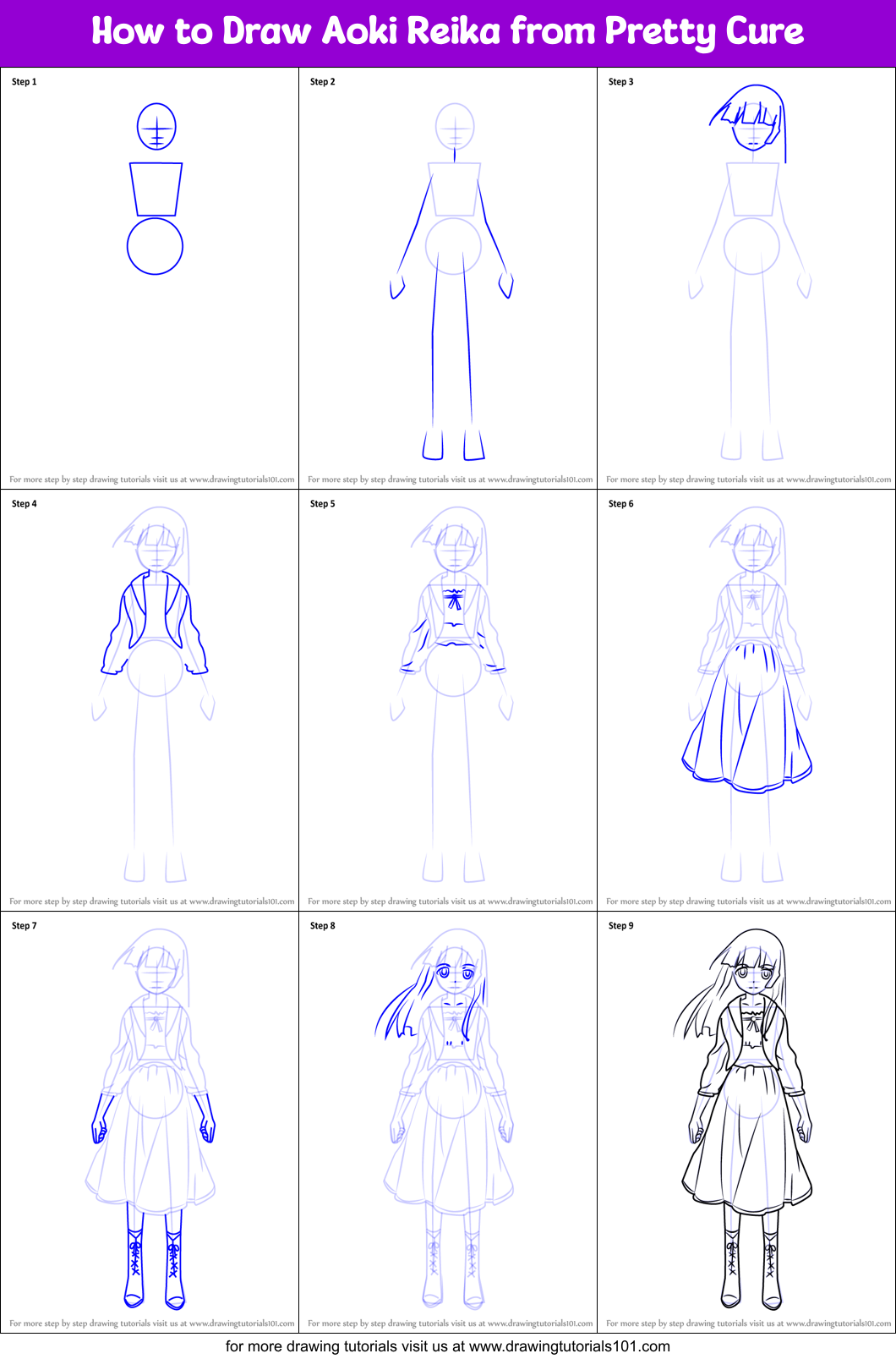 How to Draw Aoki Reika from Pretty Cure (Pretty Cure) Step by Step ...