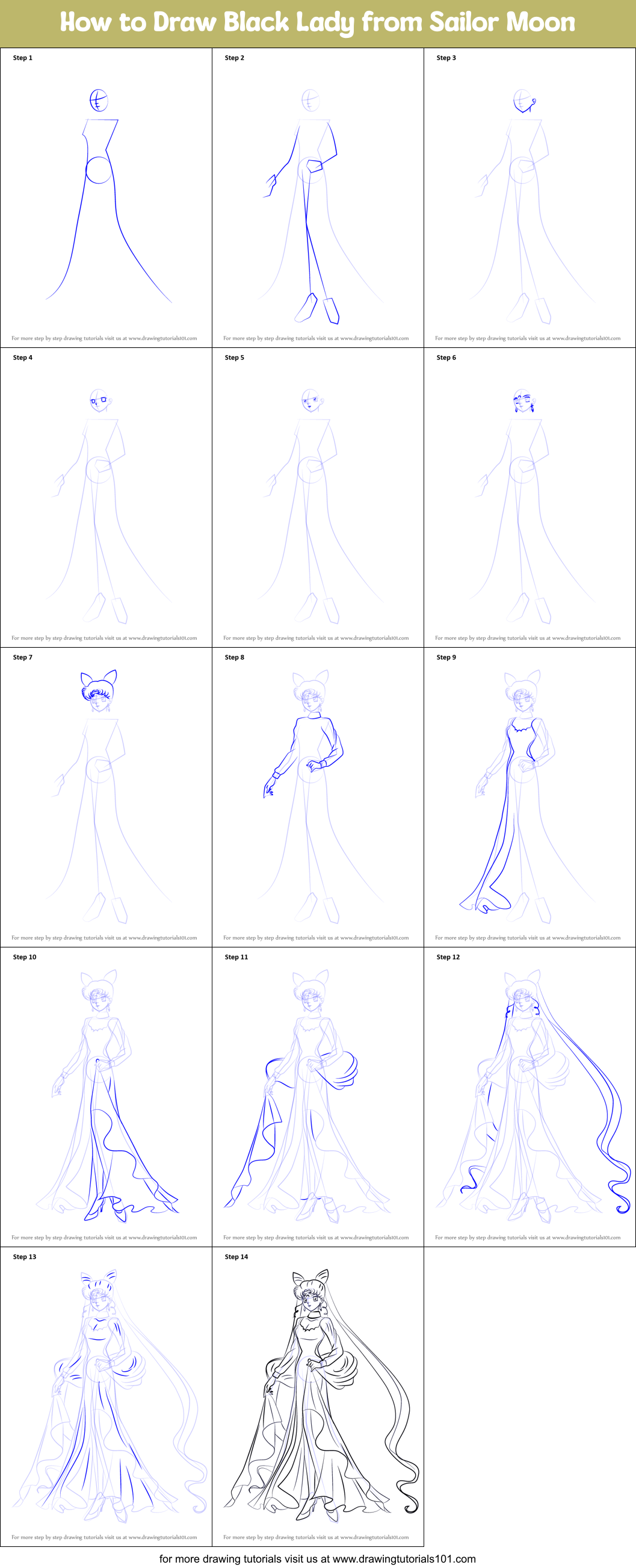 How to Draw Black Lady from Sailor Moon printable step by step drawing