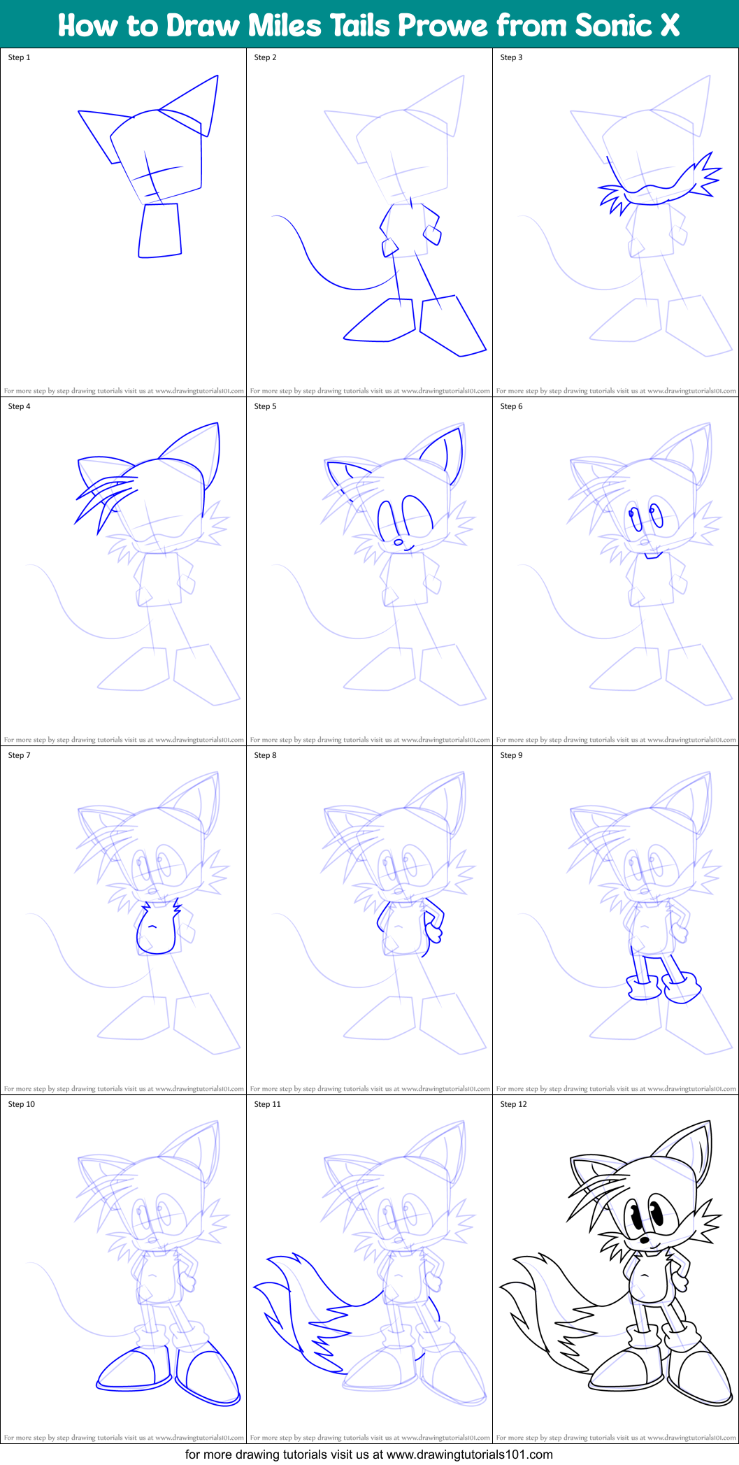 How to Draw Miles Tails Prowe from Sonic X printable step by step