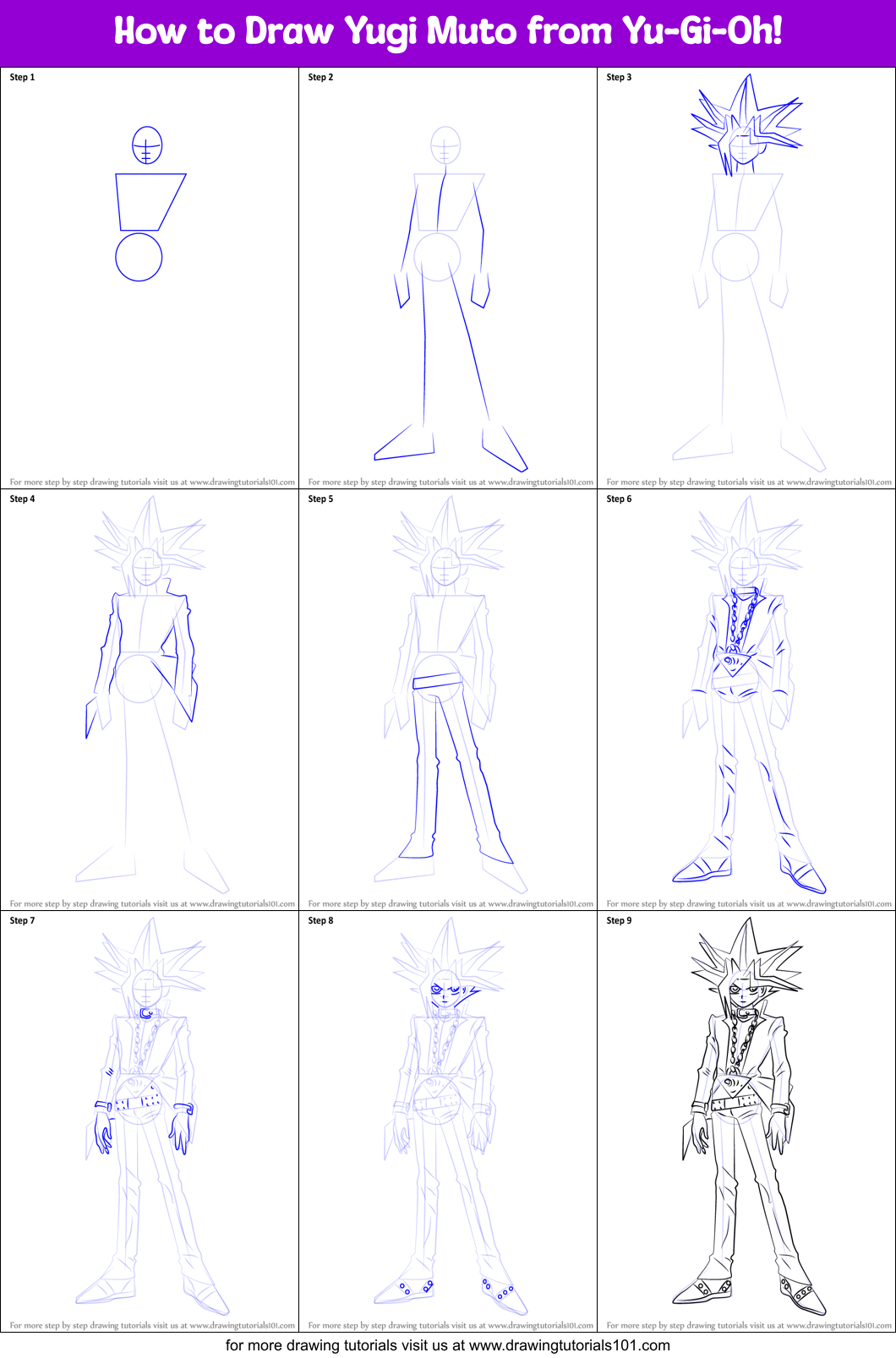 How to Draw Yugi Muto from Yu-Gi-Oh printable step by 