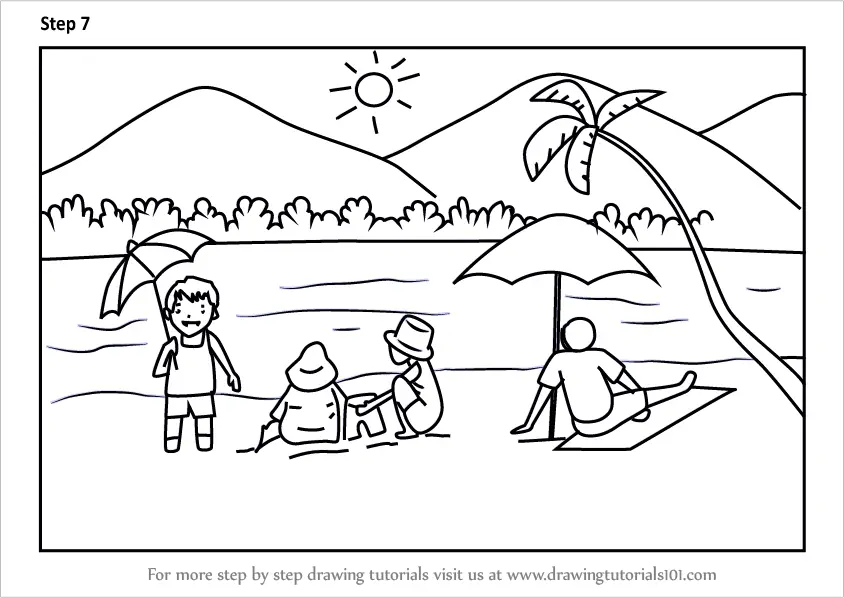 Easy How to Draw a Beach Tutorial Video  Beach Coloring Page