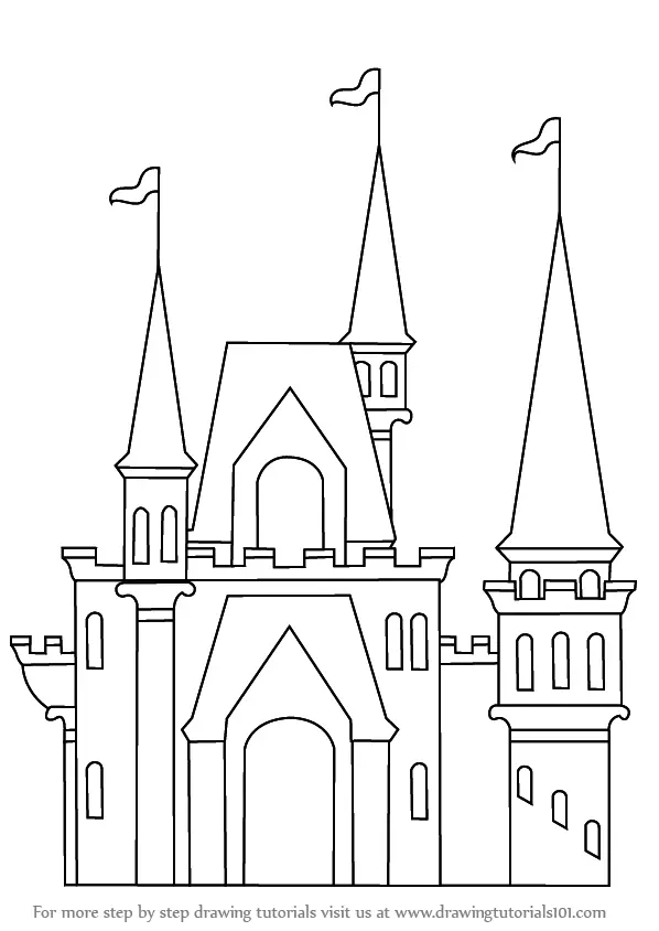 Magic kingdom coloring page for children with castle and forest landscape.  Vector fairytale outline illustration. Color book for kids with colored  example. Drawing skills printable worksheet 13726105 Vector Art at Vecteezy