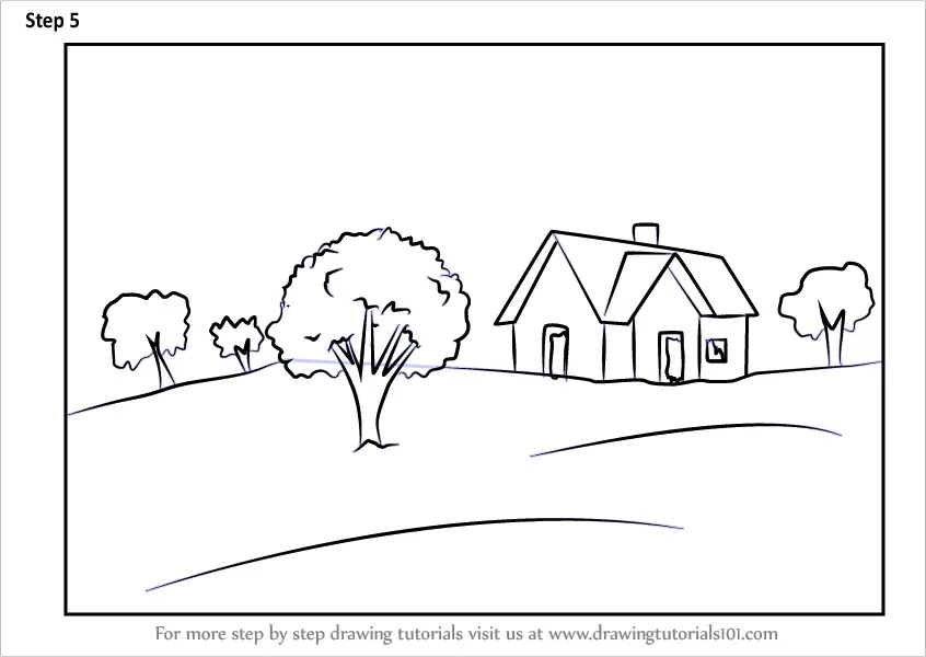 How to Draw a House Landscape (Landscapes) Step by Step