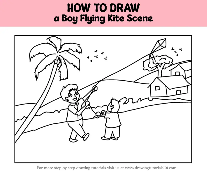 Coloring Page Outline Of Cartoon Boy Running With A Kite Stock Illustration  - Download Image Now - iStock