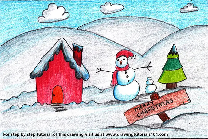 Christmas Snowman Scene Color Pencil Drawing