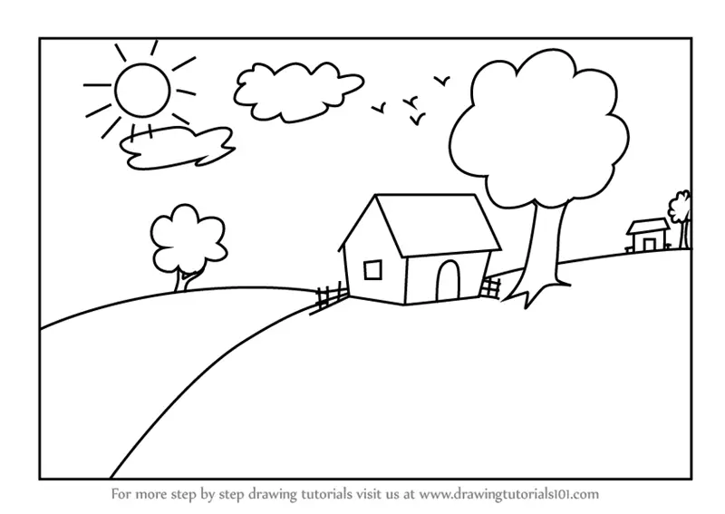 Children's drawing of meadow with house, girl and flower stock photo
